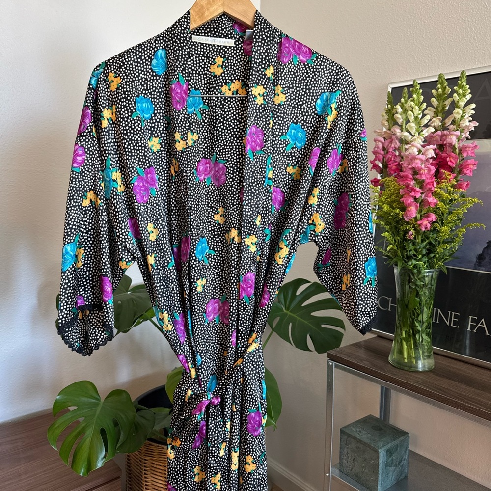 Black Polka Dot Floral Kimono Robe - Teal, Purple & Yellow Flowers